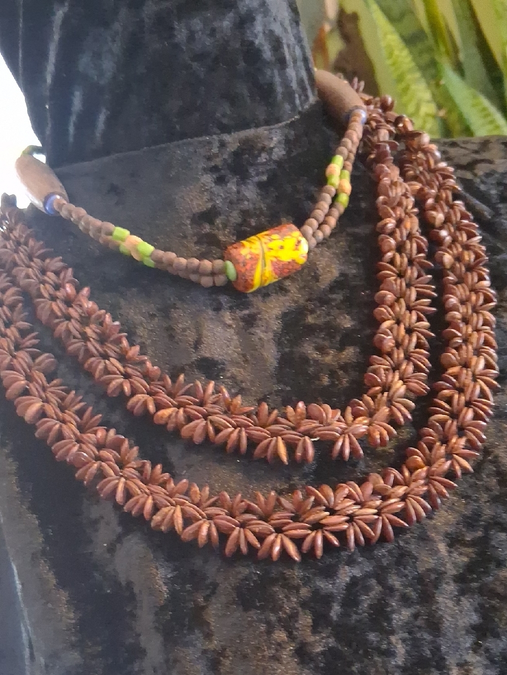 Chunky Beaded Ceramic 16 In Long & Handcrafted Brown Seed Bead Layered Necklace